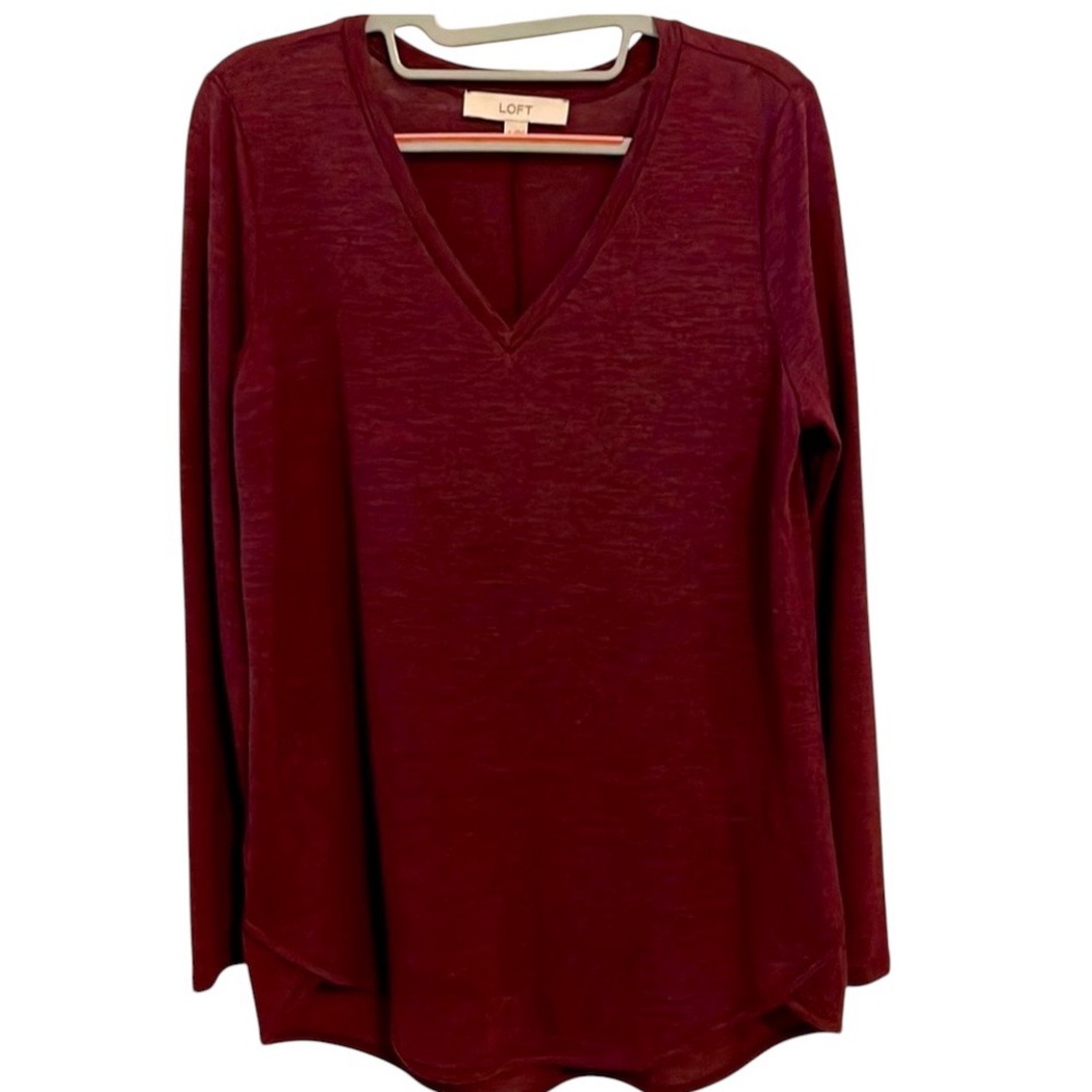 Loft Maroon V-neck Tunic top long sleeve tee Medium